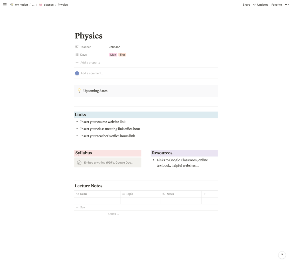 Organize all your classes easily in Notion!