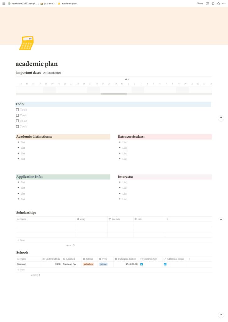 College application hub for students in Notion