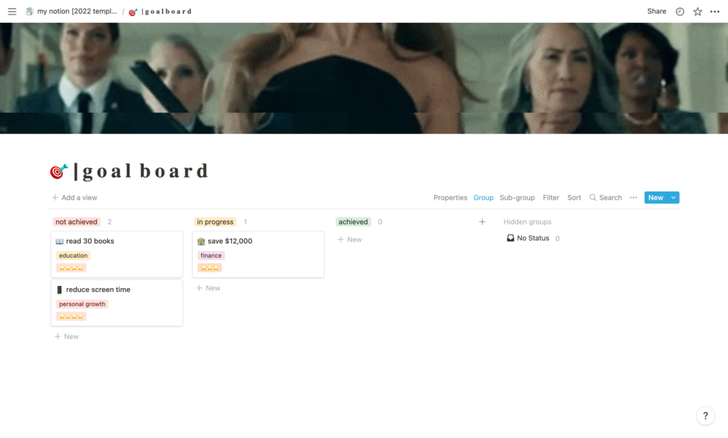 Notion goalboard and vision board