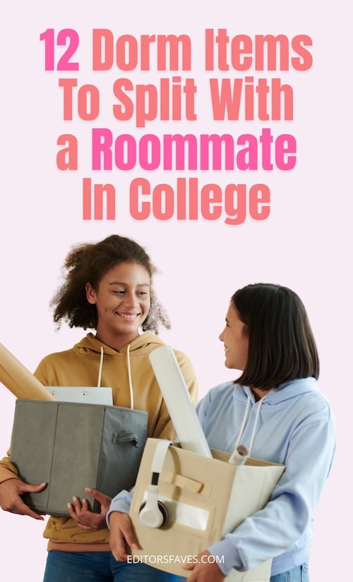 two college roommates deciding what dorm room items they should share