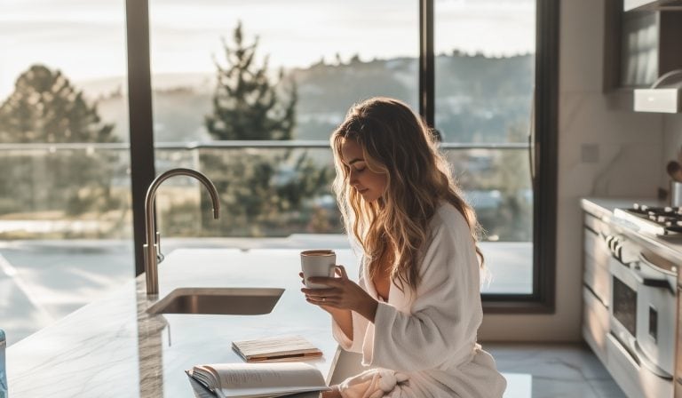 woman writes in her gratitude journal at sunrise as part of her morning routine for mindful self-improvement