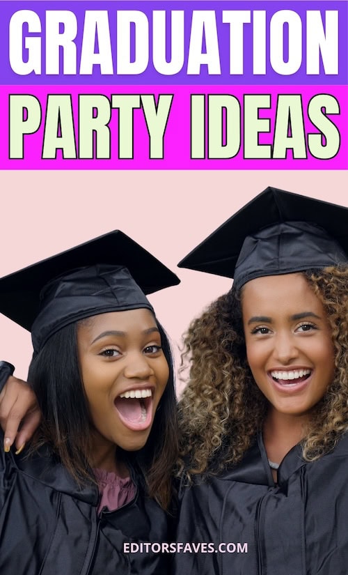 two high school grads smile as they learn about graduation party ideas 