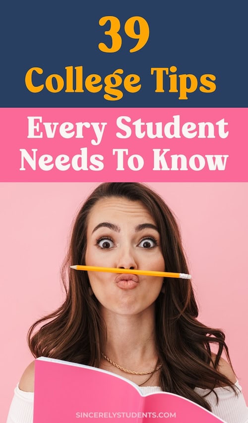 college student makes funny face with a pencil under her nose as she learns college tips every student needs to know