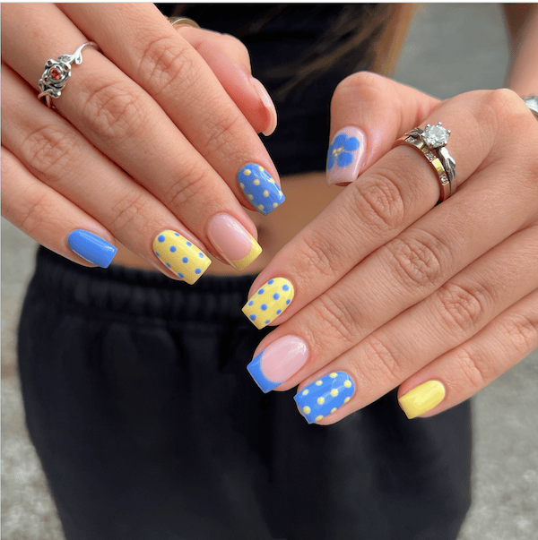 blue and yellow polka dots nails for spring