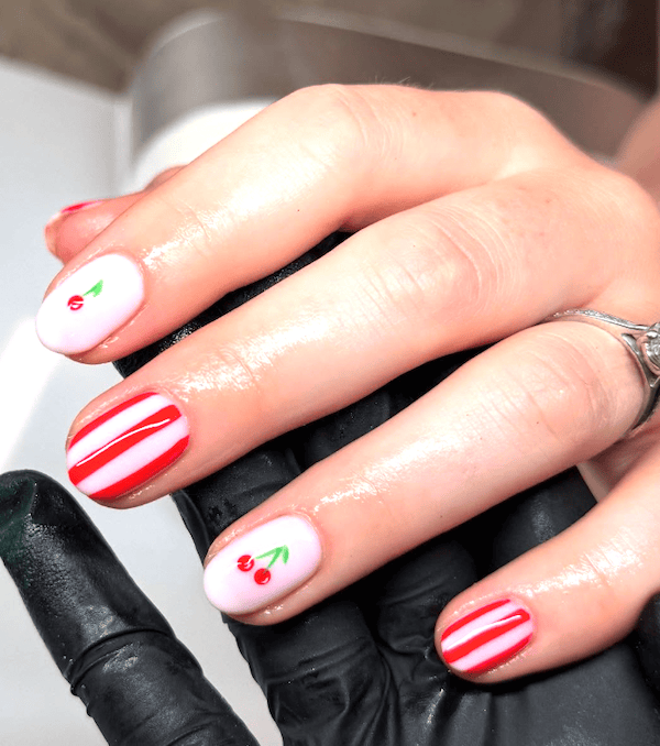 lovely cherry nails with stripes