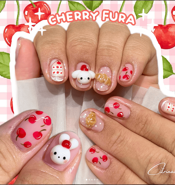 cute kawaii cartoon cherry nails design ideas