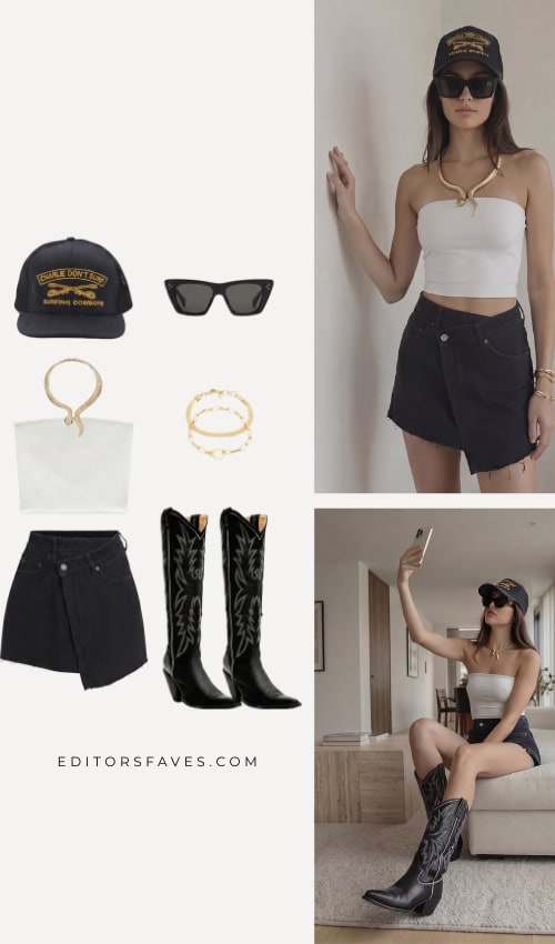summer cool biker western chick outfit with tall cowboy boots