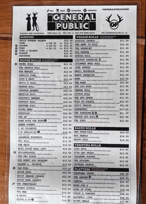 general public suschi menu